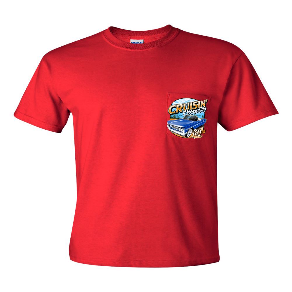 2023 Cruisin Official Classic Car Show Event Pocket T-Shirt Red Ocean City Maryland Regular / L