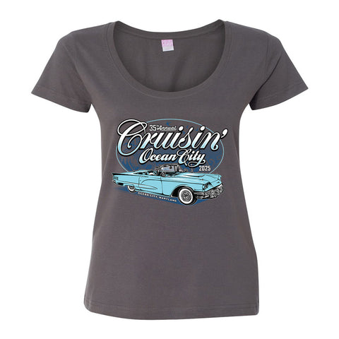 2025 Cruisin official classic car show women's t-shirt charcoal scoop neck Ocean City MD