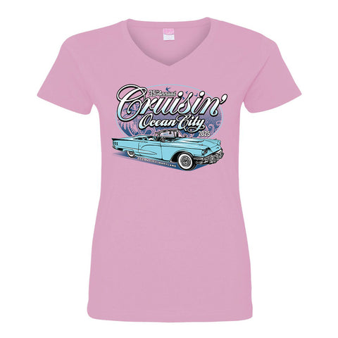 2025 Cruisin official classic car show women's t-shirt pink v-neck Ocean City MD