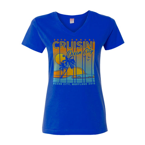 2018 Cruisin official classic car show women's t-shirt royal blue v-neck Ocean City MD