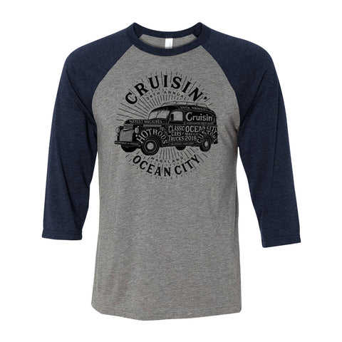 2018 Cruisin official classic car show event 3/4 sleeve t-shirt gray / navy Ocean City