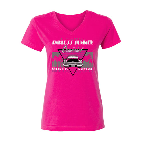 2018 Cruisin Endless Summer official car show women hot pink v-neck t-shirt Ocean City MD