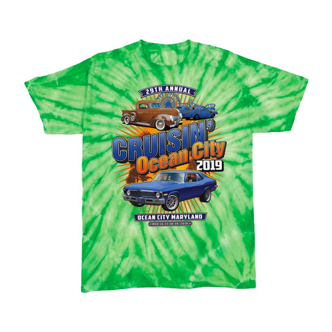 2019 Cruisin official classic car show youth t-shirt green tie dye Ocean City, MD