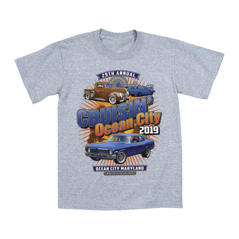 2019 Cruisin official classic car show event youth t-shirt athletic gray Ocean City, MD