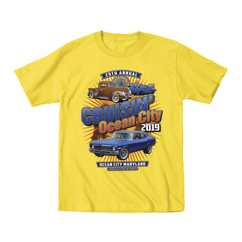 2019 Cruisin official classic car show event youth t-shirt yellow Ocean City, MD