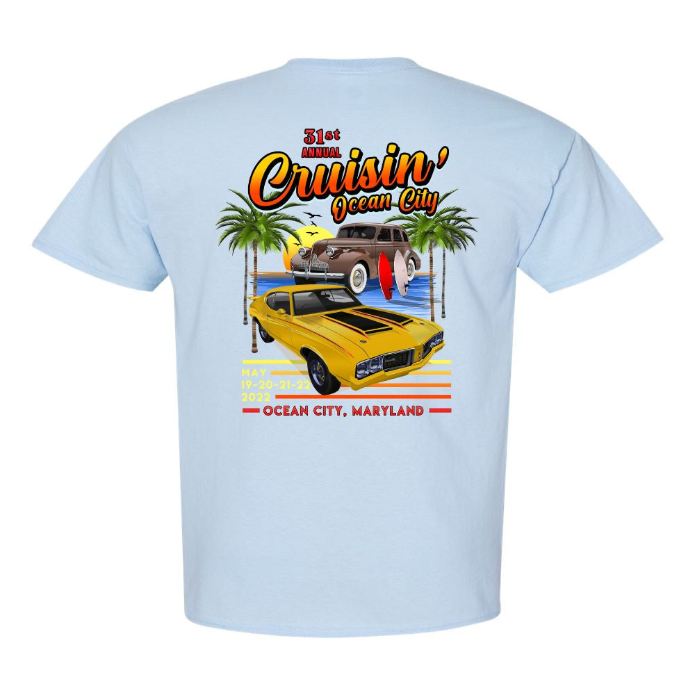 2022 Cruisin official classic car show event t-shirt light blue Ocean City  Maryland