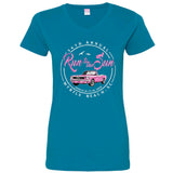 2023 Run to the Sun car show women's cut v-neck t-shirt turqoise Myrtle Beach, SC