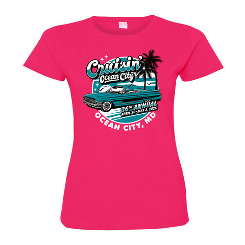 2026 Cruisin official classic car show women's t-shirt hot pink crew-neck Ocean City MD