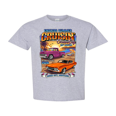 2026 Endless Summer Cruisin classic car show youth t-shirt gray Ocean City, MD
