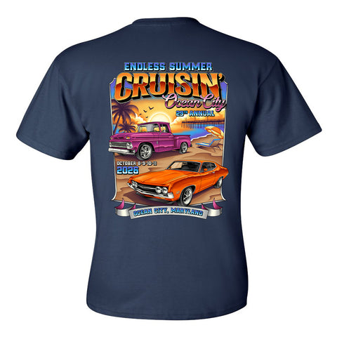 2026 Cruisin Endless Summer car show pocket t-shirt navy Ocean City MD