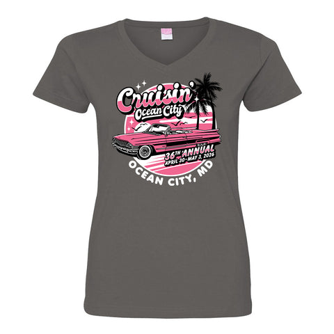 2026 Cruisin official classic car show women's t-shirt charcoal v-neck Ocean City MD