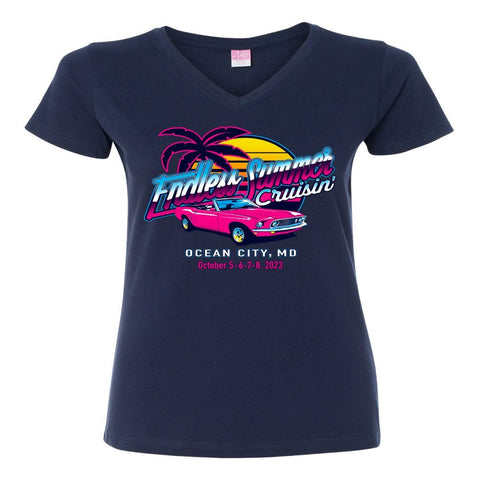 2023 Cruisin Endless Summer official car show women navy blue v-neck t-shirt Ocean City