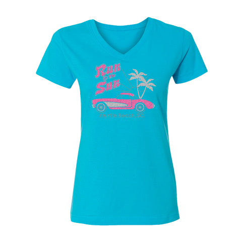 Run to the Sun official car show event women t-shirt aqua v-neck top Myrtle Beach