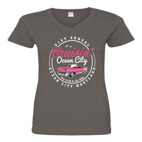 2022 Cruisin official classic car show women's t-shirt charcoal v-neck Ocean City MD
