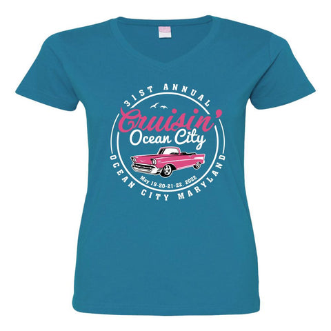 2022 Cruisin official classic car show women's t-shirt blue v-neck Ocean City MD
