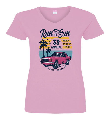 2022 Run to the Sun car show women's cut v-neck t-shirt pink Myrtle Beach, SC