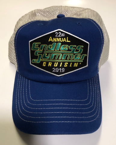 2019 Endless Summer Cruisin official car show event trucker hat royal blue and tan