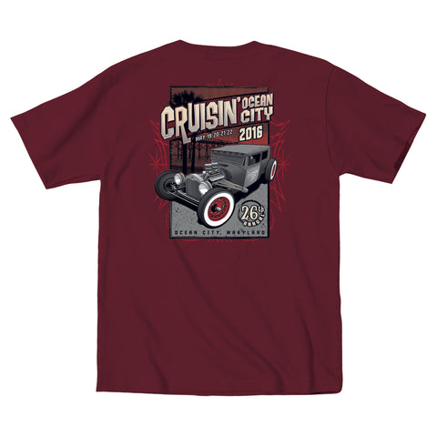 2016 Cruisin official classic car show event t-shirt maroon henley 2 button Ocean City MD